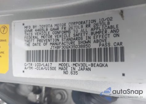 2003 Lexus Es 300 z USA, uszkodzony, nr VIN JTHBF30GX35038850